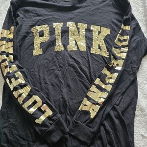 VS PINK - Black and Gold Long Sleeve Tshirt - with Sequins - Large - LOVE PINK